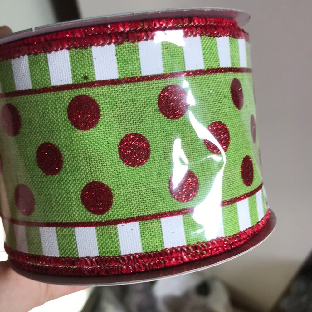 NEW Apple Green Stripes and Dots Wired Ribbon